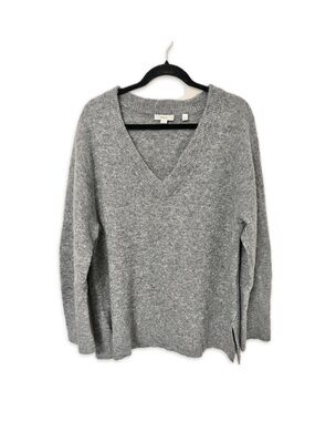 Vince Merino Alpaca Side-Slit V-Neck Tunic Sweater Long Sleeve Marled Gray Wool